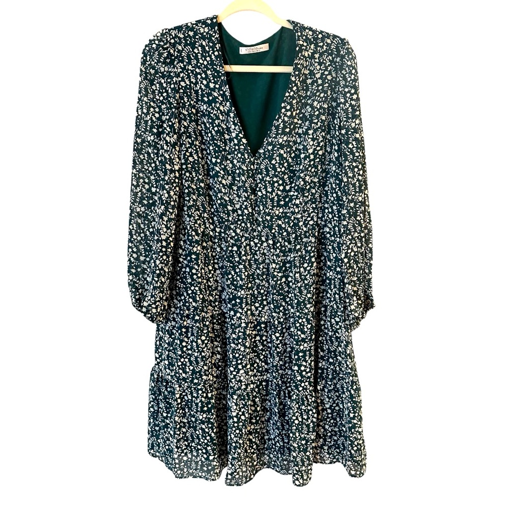 MANGO floral print chiffon dress; balloon sleeves. Color is green apple. Sz 10